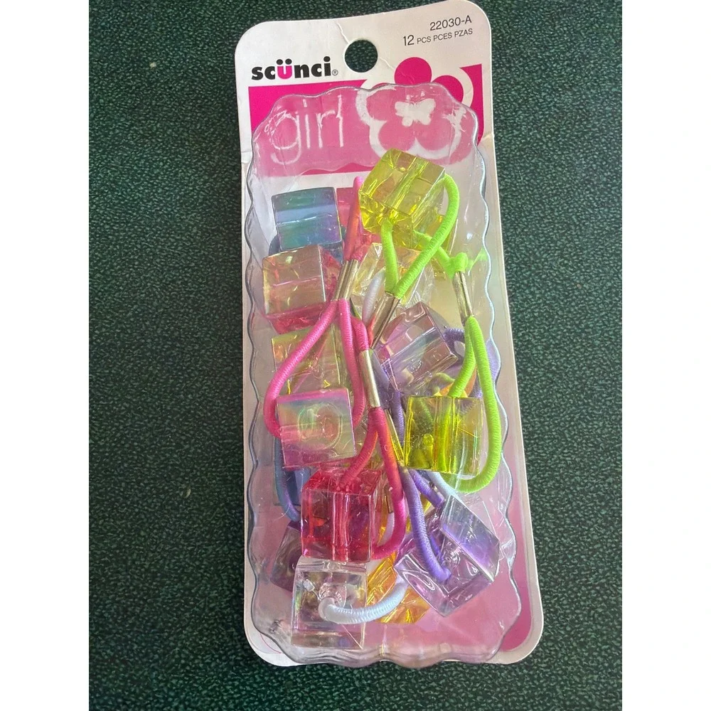 Vintage Scunci Girl Hair‎ Ties 12pc Neon Iridescent Cube Beads Y2K 2008 22030-A